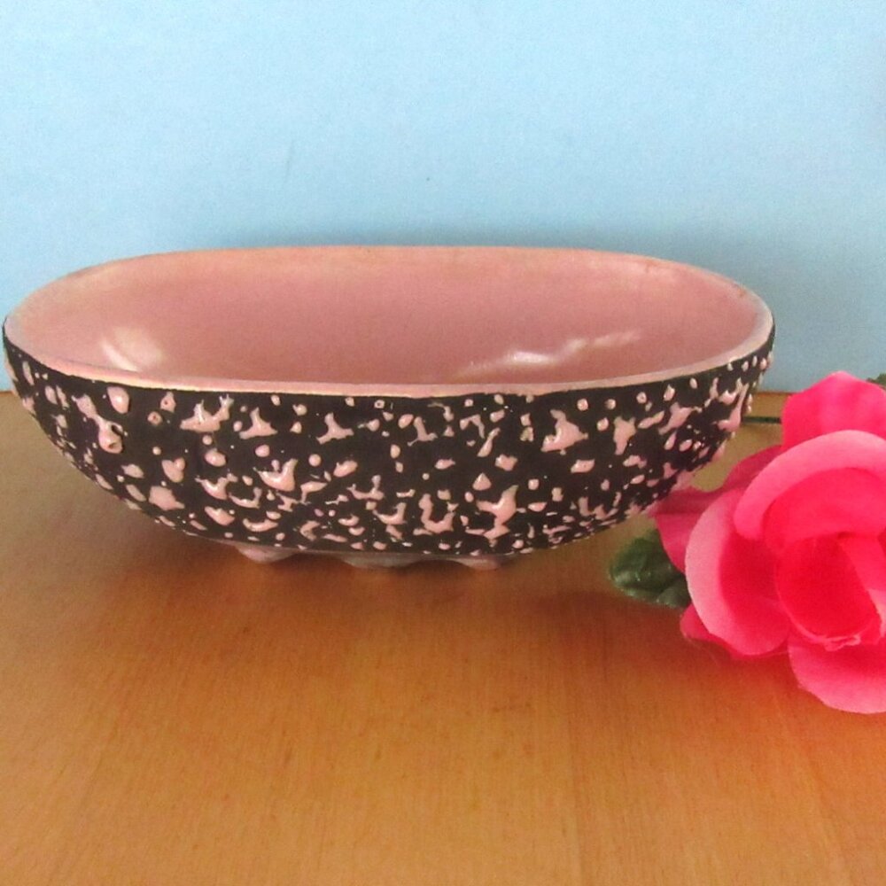 Vintage MCM black and pink mid century planter, centerpiece dish, candy bowl